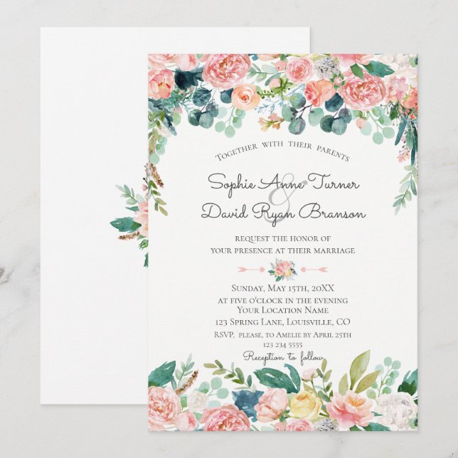 Watercolour Pink Blush Flowers Frame Wedding Invitation (Front/Back)