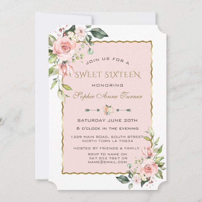 Watercolour Pink Blush Flowers Gold Sweet 16 Invitation (Front)