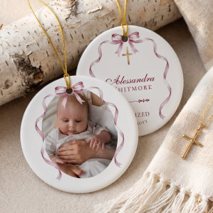 Watercolour Pink Bow Cross Baptism Photo Keepsake Ceramic Tree Decoration