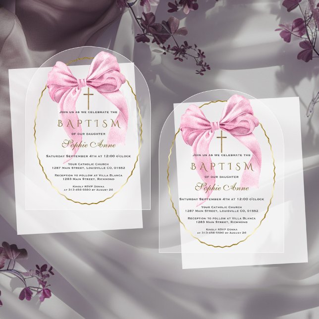 Watercolour Pink Bow Girl Baptism Transparent  Acrylic Invitations (Creator Uploaded)