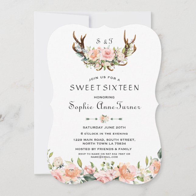 Watercolour Pink Cream Floral Antlers Sweet 16 Invitation (Front)