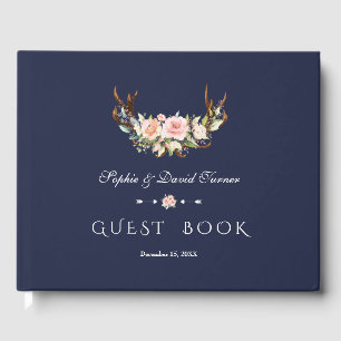 Watercolour Pink Cream Floral Antlers Wedding Guest Book