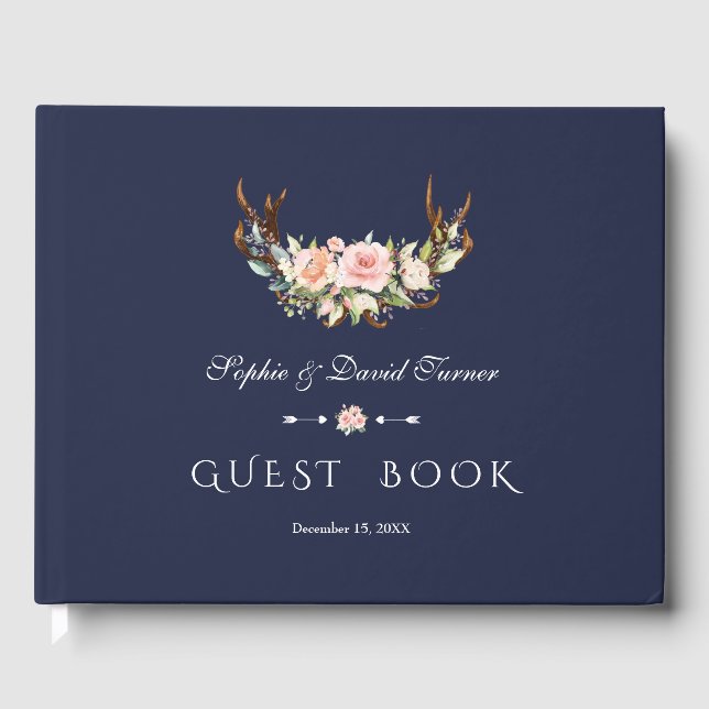 Watercolour Pink Cream Floral Antlers Wedding Guest Book (Front)