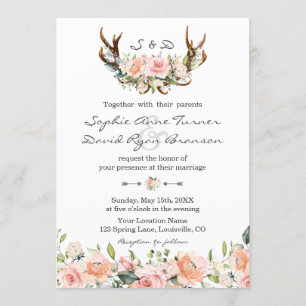 Watercolour Pink Cream Floral Antlers Wedding Invitation