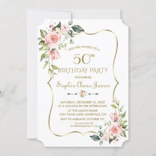 Watercolour Pink Floral Gold Frame 50th Birthday Invitation