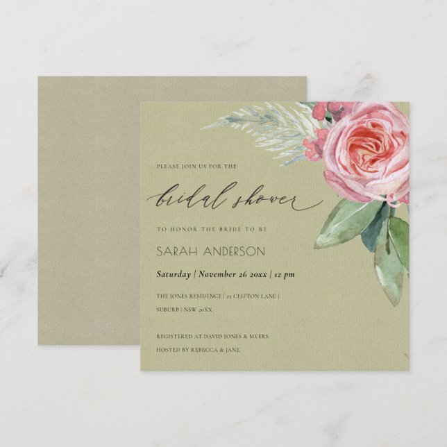 WATERCOLOUR PINK FLOWER FOLIAGE BRIDAL SHOWER INVITATION (Front/Back)