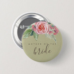 WATERCOLOUR PINK FLOWER FOLIAGE MOTHER OF BRIDE 6 CM ROUND BADGE