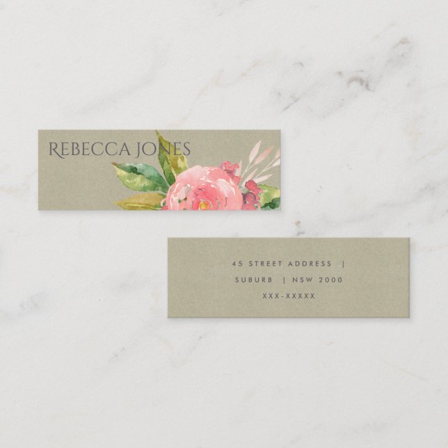 WATERCOLOUR PINK FLOWER GREEN FOLIAGE ADDRESS MINI BUSINESS CARD (Front/Back)