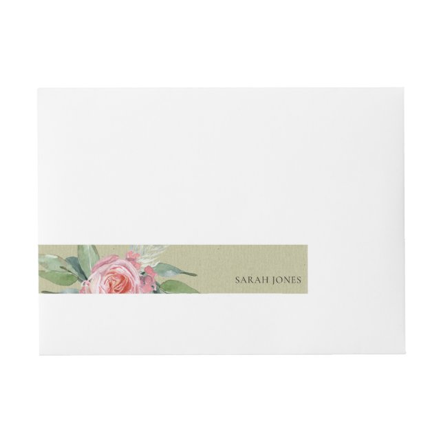 WATERCOLOUR PINK FLOWER GREEN FOLIAGE MONOGRAM WRAPAROUND ADDRESS LABEL (Front)