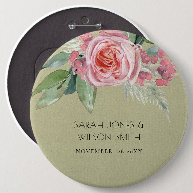 WATERCOLOUR PINK FLOWER GREEN FOLIAGE WEDDING 6 CM ROUND BADGE (Front & Back)