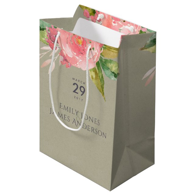 WATERCOLOUR PINK FLOWER GREEN FOLIAGE  WEDDING MEDIUM GIFT BAG (Front Angled)
