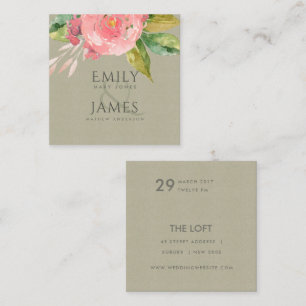 WATERCOLOUR PINK FLOWER GREEN FOLIAGE  WEDDING SQUARE BUSINESS CARD