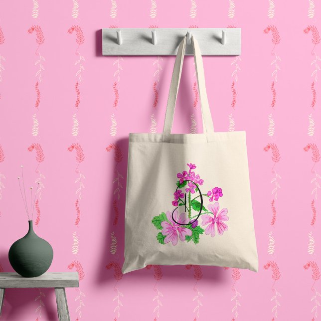 Watercolour pink flower with your initial.  tote bag (Creator Uploaded)