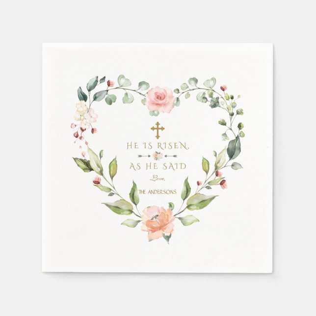 Watercolour Pink Flowers He Is Risen Gold Easter Napkin (Front)