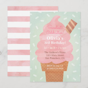 Watercolour Pink Ice Cream Kids Birthday Party Invitation