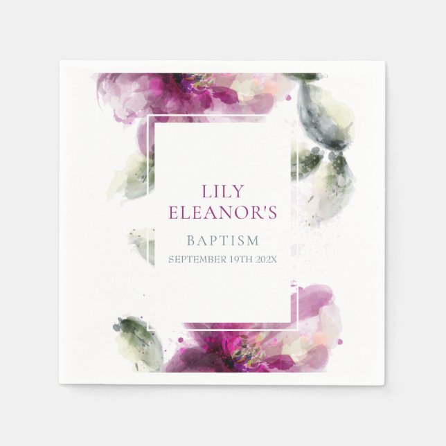Watercolour Pink Lily Baptism Christening Napkin (Front)