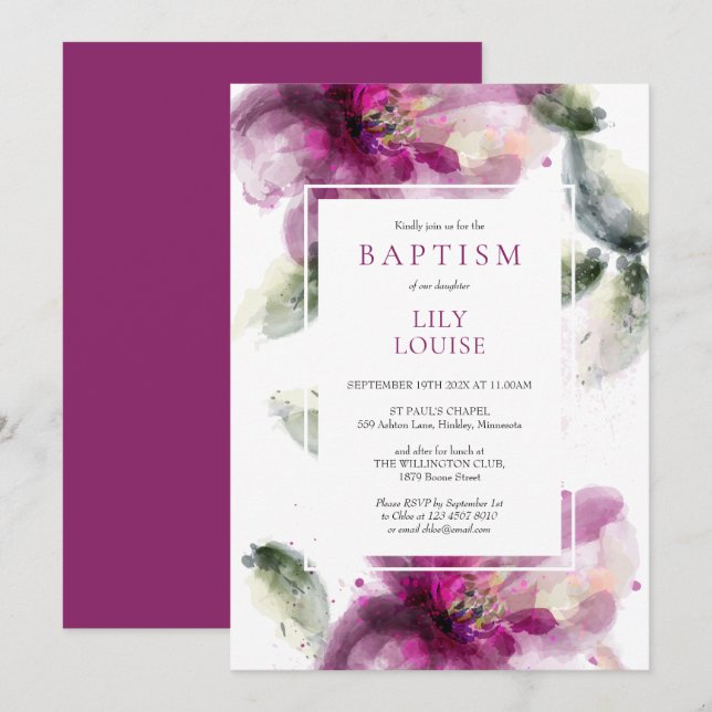 Watercolour Pink Lily Floral Baptism Christening Invitation (Front/Back)