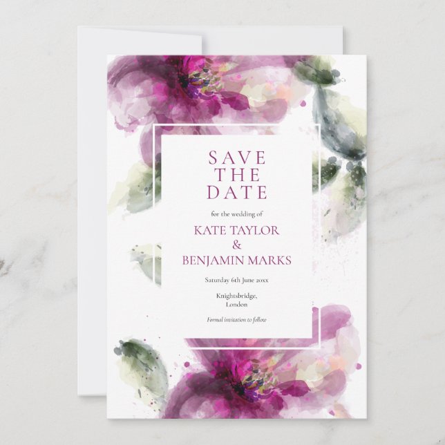 Watercolour Pink Lily Floral Save the Date Card (Front)