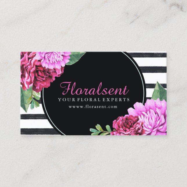 Watercolour PInk Peonies Black and White Stripes Business Card (Front)