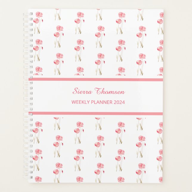 Watercolour Pink Poppies Floral Weekly Planner (Front)