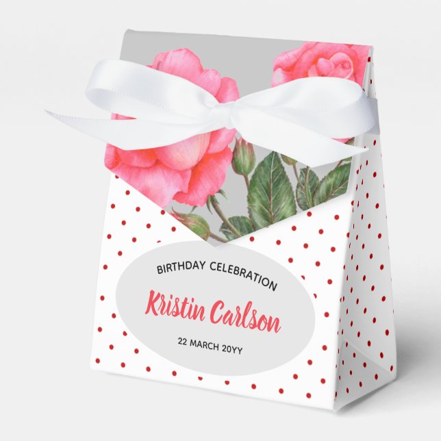Watercolour Pink Rose Red White Polka Dots Pattern Favour Box (Front Side)