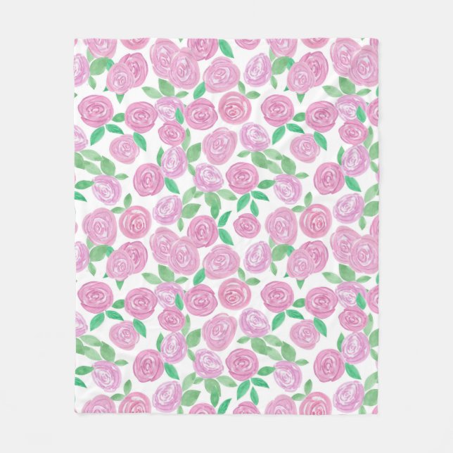 Watercolour , pink roses fleece blanket (Front)