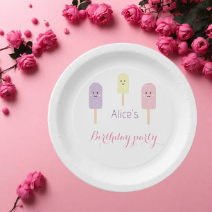 Watercolour Pink Violet Ice Cream Birthday Party Paper Plate