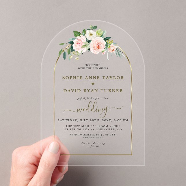 Watercolour Pink White Flowers Gold Arch Wedding Acrylic Invitations (Insitu (Handheld))