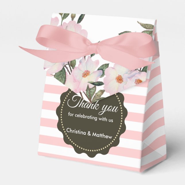 Watercolour Pink White Roses Grey Stripes Pattern Favour Box (Front Side)