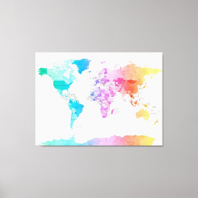 Watercolour Political Map of the World Canvas Print (Front)