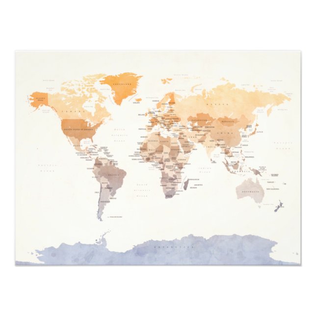 Watercolour Political Map of the World Photo Print (Front)