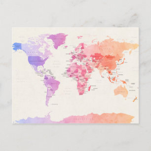 Watercolour Political Map of the World Postcard
