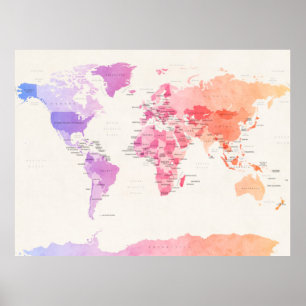 Watercolour Political Map of the World Poster