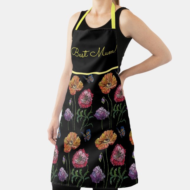 Watercolour Poppy Red Orange Black Floral Best Mom Apron (Insitu)