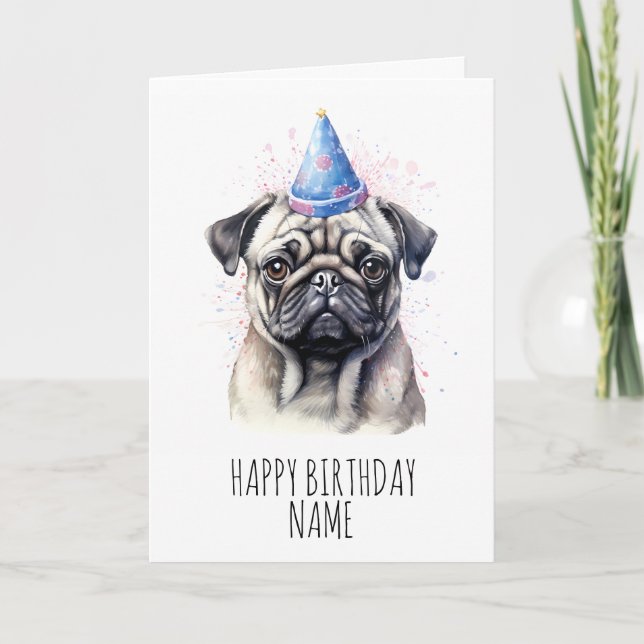 Watercolour Pug Birthday Card (Front)