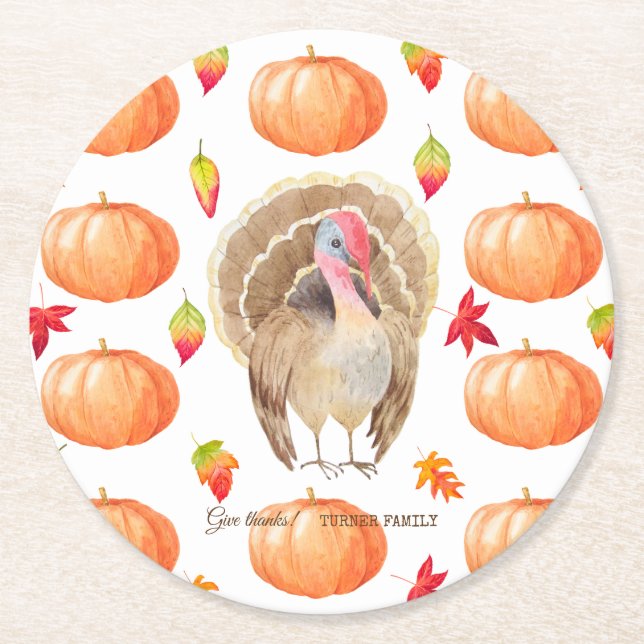 Watercolour Pumpkin Turkey Pattern Thanksgiving Round Paper Coaster (Front)