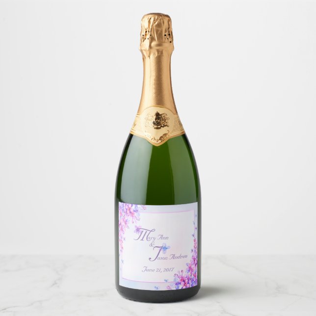 Watercolour Purple Lilac Flower  Sparkling Wine La Label (Front)