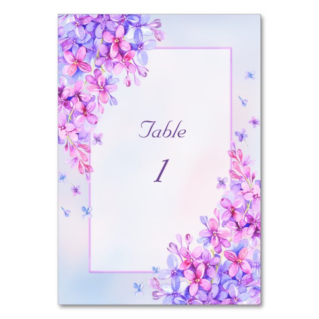 Watercolour Purple Lilac Flower Table Number (Front)