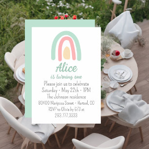 Watercolour rainbow green yellow 1st Birthday Invitation