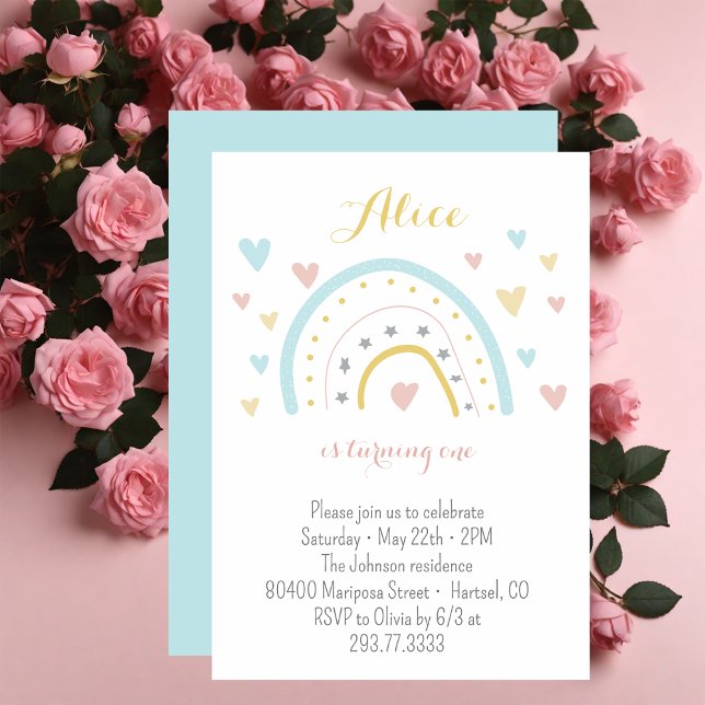 Watercolour rainbow hart pink blue 1st Birthday  Invitation (Creator Uploaded)