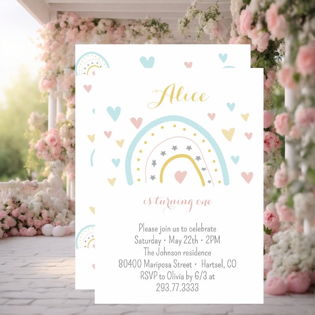 Watercolour rainbow hart pink blue 1st Birthday  Invitation (Creator Uploaded)