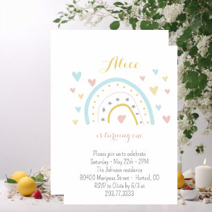 Watercolour rainbow hart pink blue 1st Birthday  Invitation