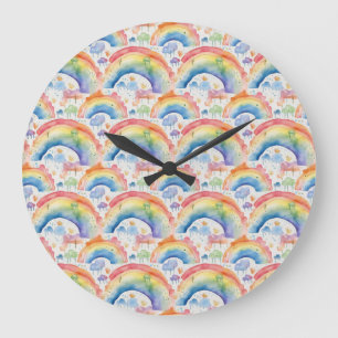 Watercolour Rainbows and Clouds  Large Clock