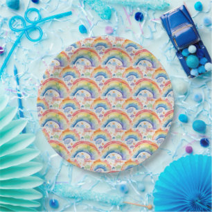Watercolour Rainbows and Clouds Paper Plate
