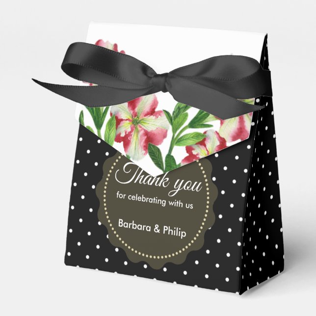 Watercolour Red Petunias Black White Polka Dots Favour Box (Front Side)