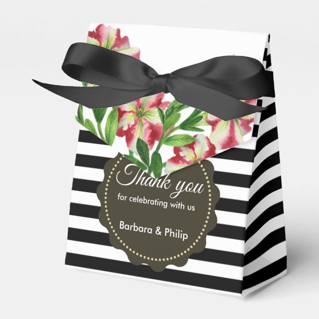 Watercolour Red Petunias Black White Stripes Favour Box (Front Side)