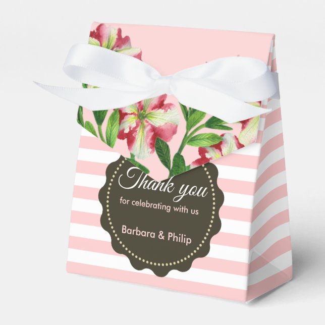 Watercolour Red Petunias Pink White Stripes Favour Box (Front Side)