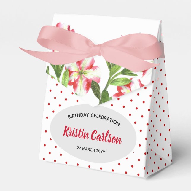 Watercolour Red Petunias Red White Polka Dots Favour Box (Front Side)