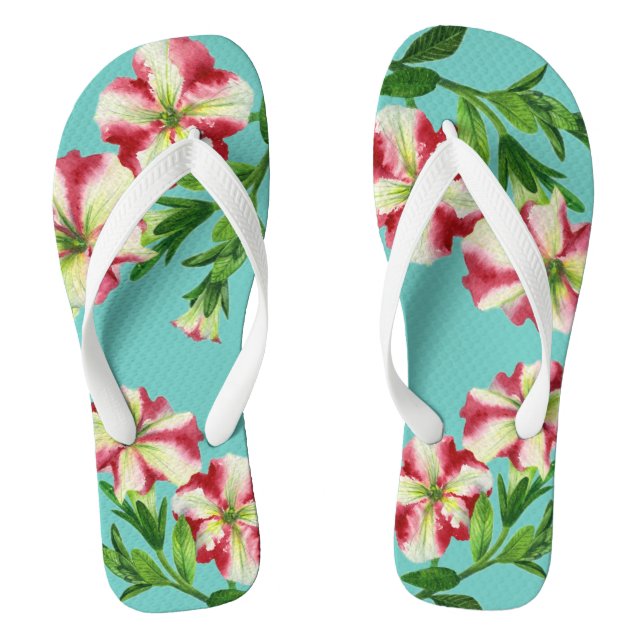 Watercolour Red Petunias Red White Turquoise Base  Flip Flops (Footbed)