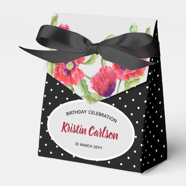 Watercolour Red Poppies with Black White Polka Dot Favour Box (Front Side)
